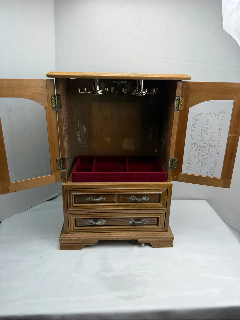 Vintage Wood 2 Door Jewelry Box Armoire Style Cabinet  Organizer &  Drawer